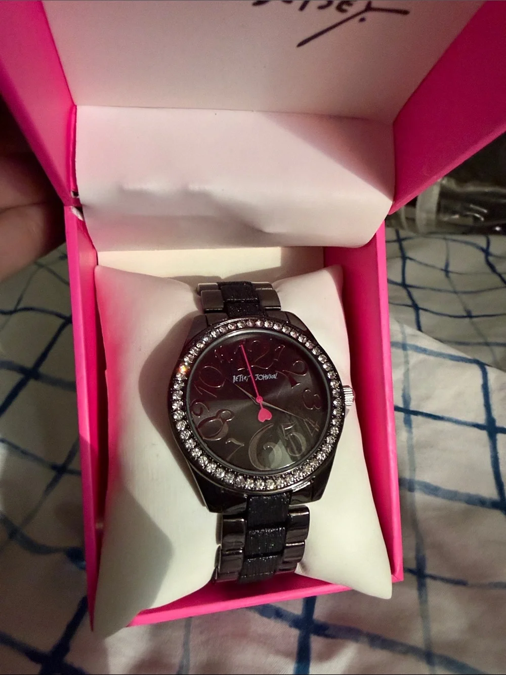 Betsey Johnson Black Watch with Hot Pink Dial and Crystal Bezel